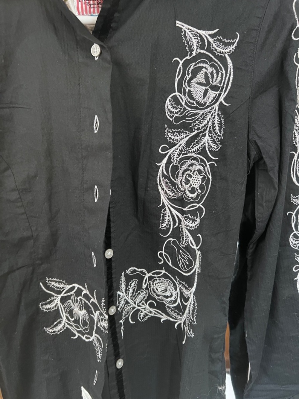 Women’s English Rose Black Long-Sleeve Shirt with White Floral Embroidery - Picture 5 of 8